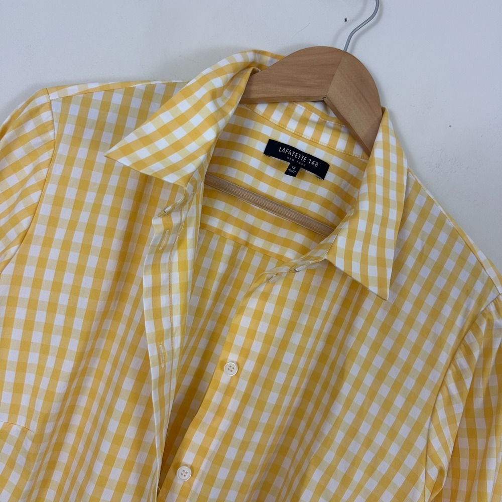 Lafayette 148 New York Shirt Yellow Gingham Check Button Up Womens 1X